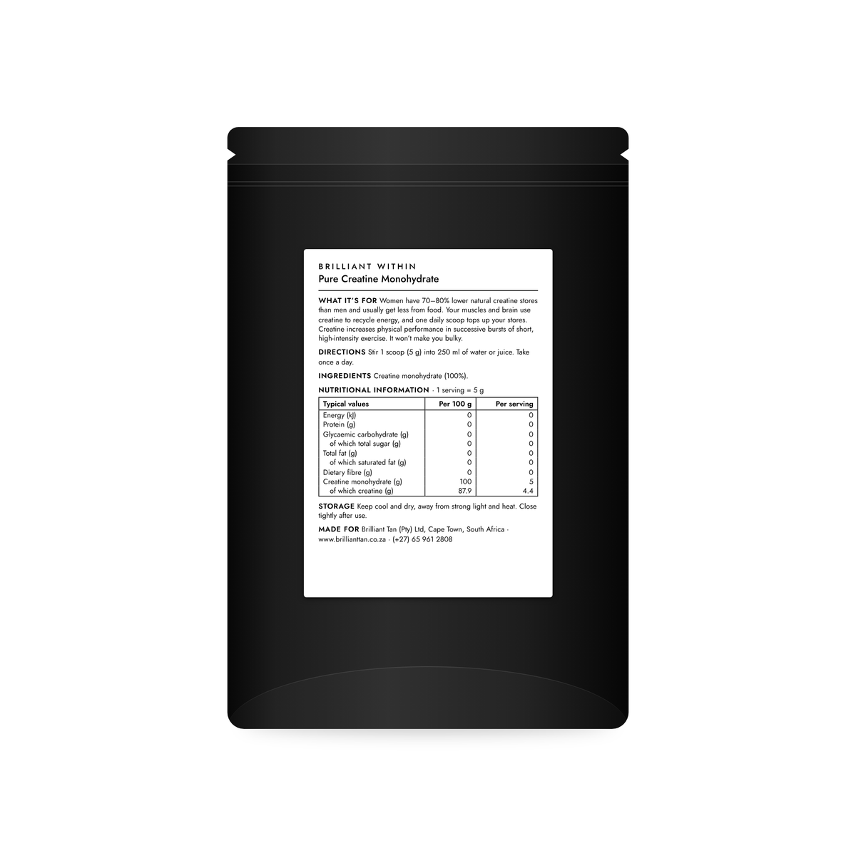 Brilliant Within Pure Creatine Monohydrate 300 g pouch, back label with directions and nutritional information